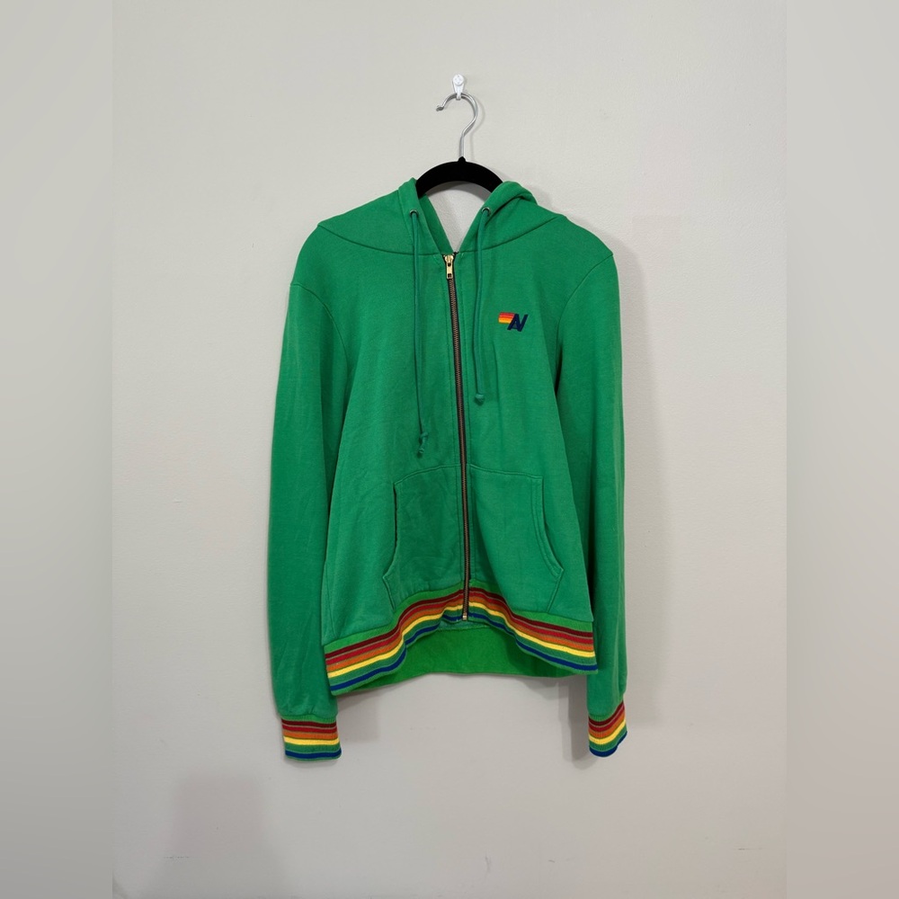 Aviator Nation Kelly Green Rainbow Stripe Full Zip Hoodie